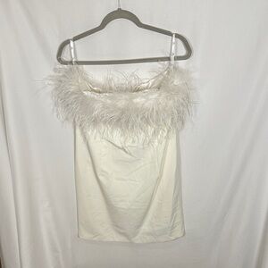 Chic White Feather-Trim Mini Dress